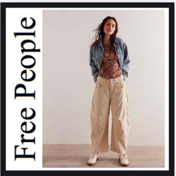 Free People We The Free Good Luck Mid-Rise Cord Barrel Jeans Pants - Picture 1 of 4